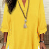 Plus Size Faux Denim Blouse with Decorative Buttons & Tassel Knot Front High-Low Hem Spring/Summer Polyester Blend