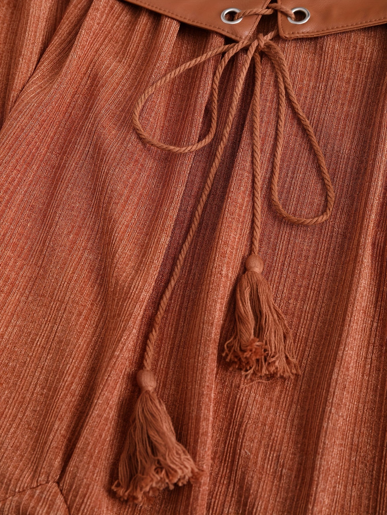 Plus Size V-Neck Ribbed Knit Dress — Color Block Patchwork, Tassel Hem & Belted Waist, Stretch Polyester for Spring/Fall