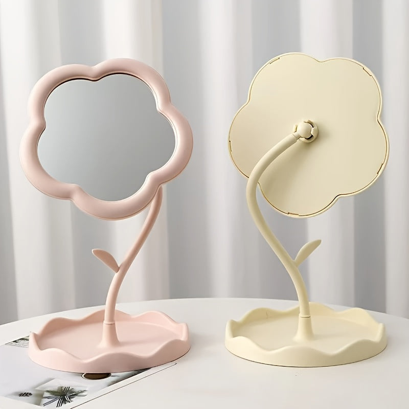 Floral Glass Makeup Vanity Mirror with Adjustable Stand & Tray — Portable Polished Plastic Frame for Dresser, Vanity, Bathroom
