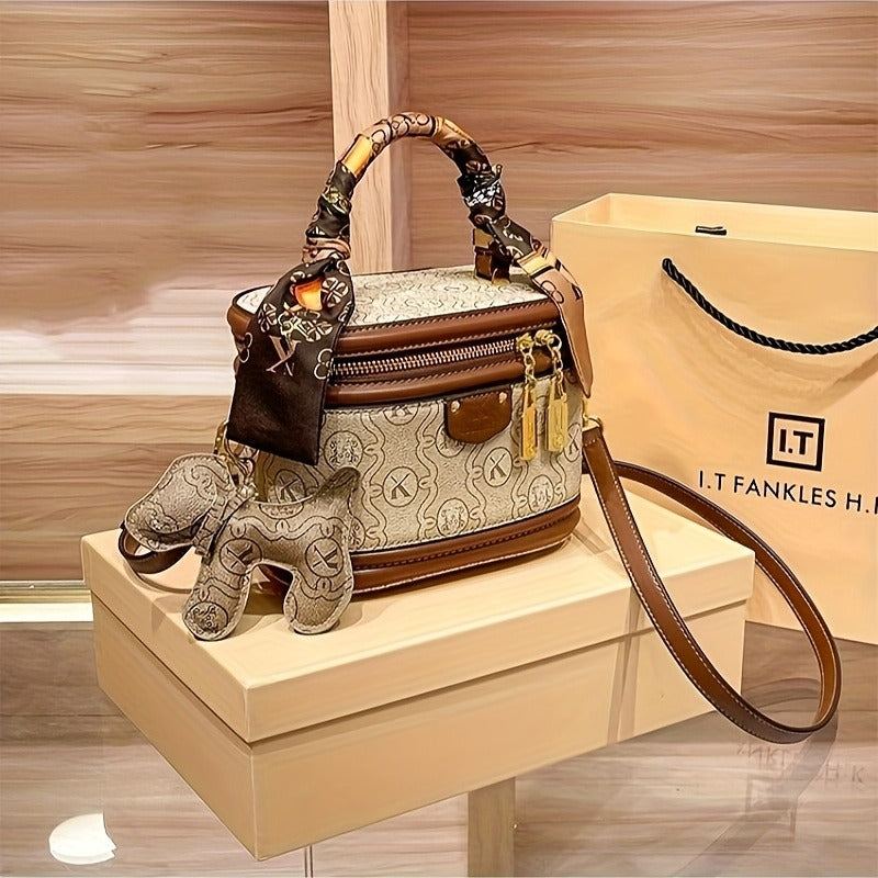 Women's Beige PVC Bucket Handbag with Gold-Tone Hardware, Detachable Chain Accent, Adjustable Crossbody Shoulder Strap, Zipper Tote Purse for Weddings & Parties