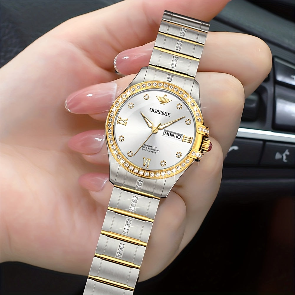 OUPINKE Women's Automatic Mechanical Watch – Two-Tone Stainless Steel, Luminous Dial, Day & Date Dress Watch