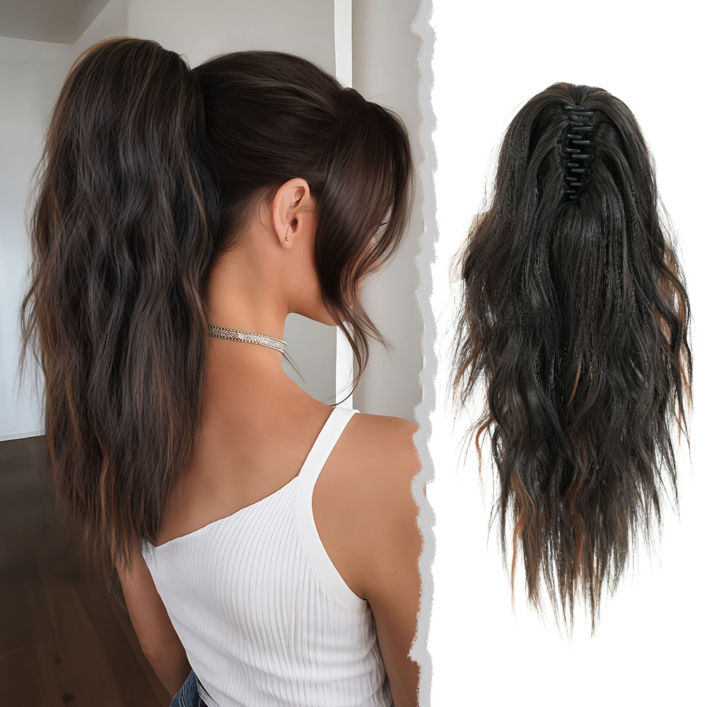 7JHH WIGS Water Wave Clip-In Ponytail Extensions – 18-inch (45 cm) Light Beige & Brown with Blonde Highlights, Natural Brown Roots, Heat-Resistant Synthetic for Volume & Length