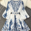 Vintage Floral V-Neck Maxi Dress with Lantern Sleeves and Belt, A-Line Long Dress for Women Spring/Fall Occasion Wear