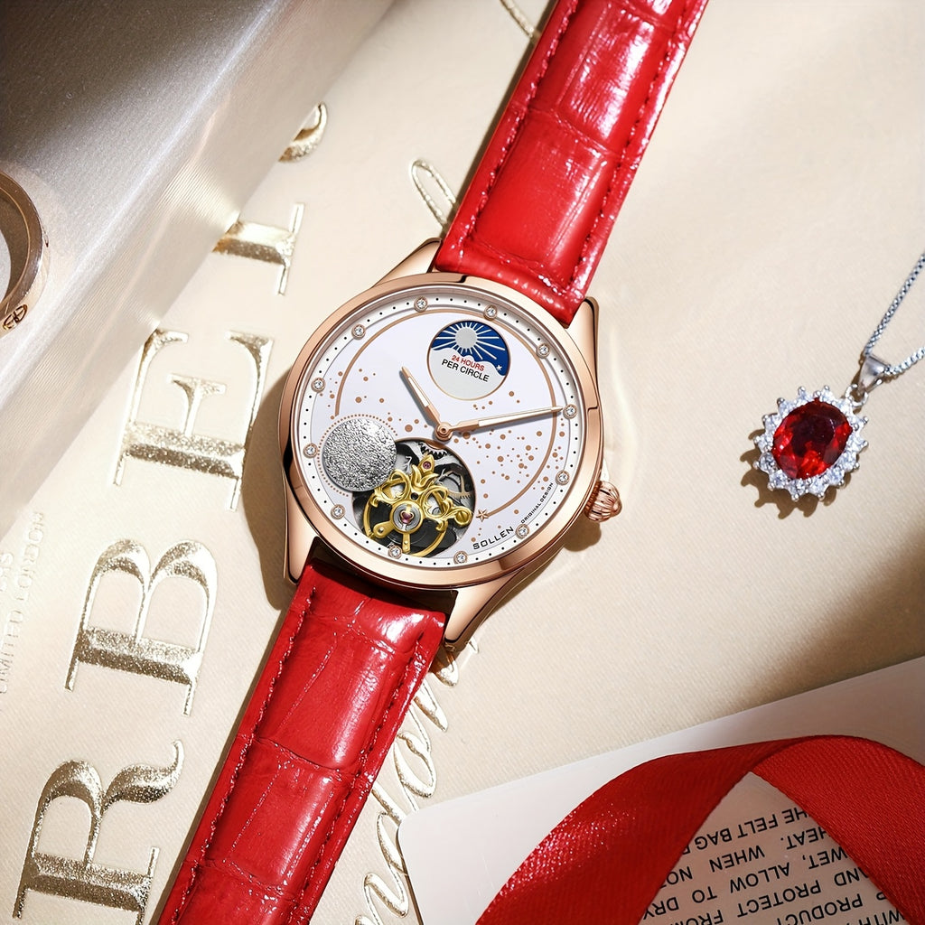 Women's Mechanical Skeleton Watch with Luminous Hands, Rose Gold Case & Red Leather Strap, White Dial Luxury Gift