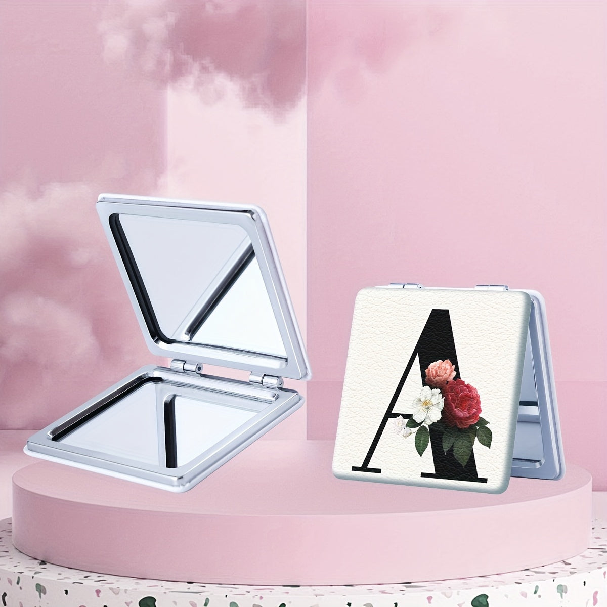 Alphabet Folding Handheld Makeup Mirror for Women & Girls - Floral & Heart Cutout Portable Vanity Mirror A-Z