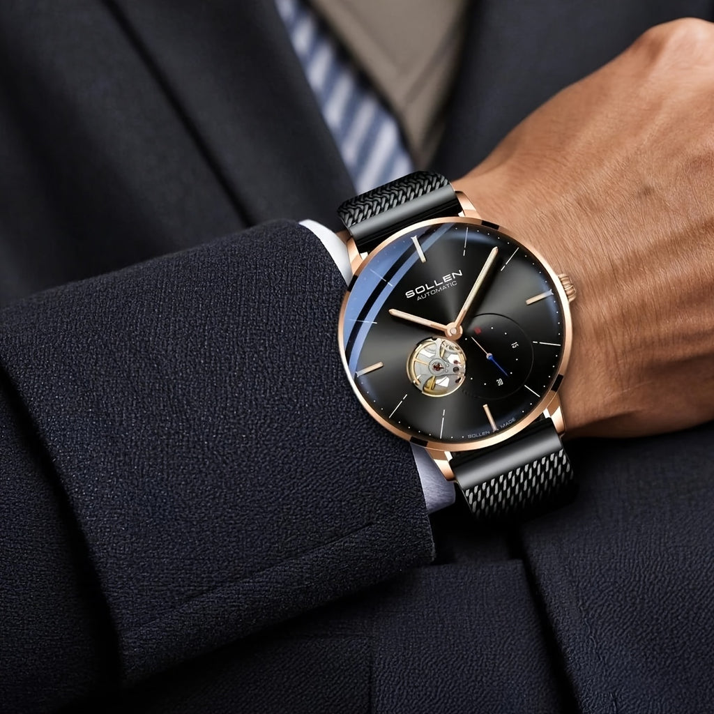 SOLLEN Automatic Mechanical Unisex Watch – Stainless Steel Round Case, Black Dial, Luminous Hands, Business Casual