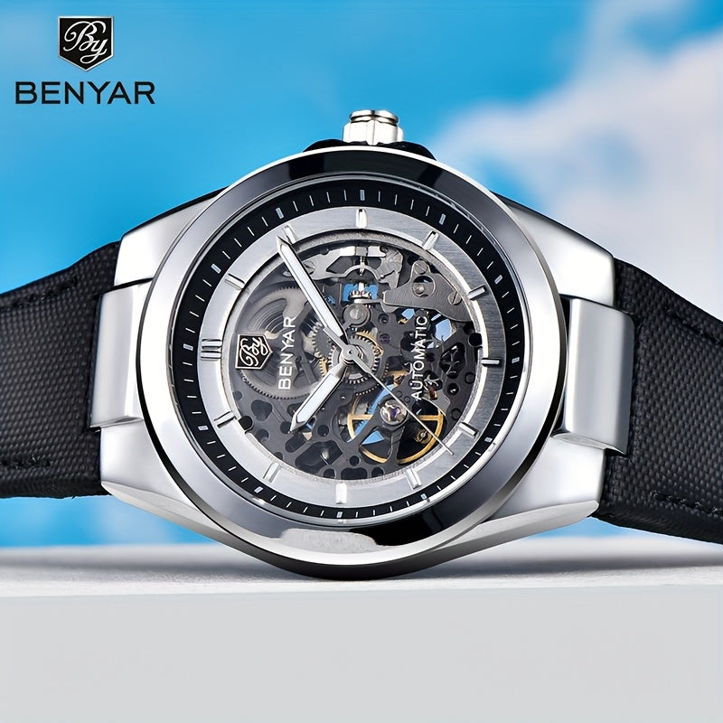 BY BENYAR Automatic Mechanical Unisex Watch – Luminous Round Dial, Blue & Gold Accents, PU Faux Leather Strap