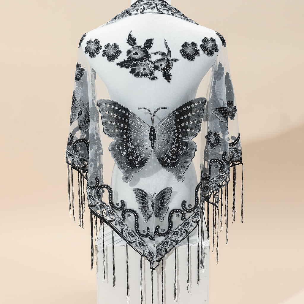 Breathable Embroidered Triangle Scarf 29.5 in x 55.1 in (75 x 140 cm) Lace Tassel Shawl Wrap