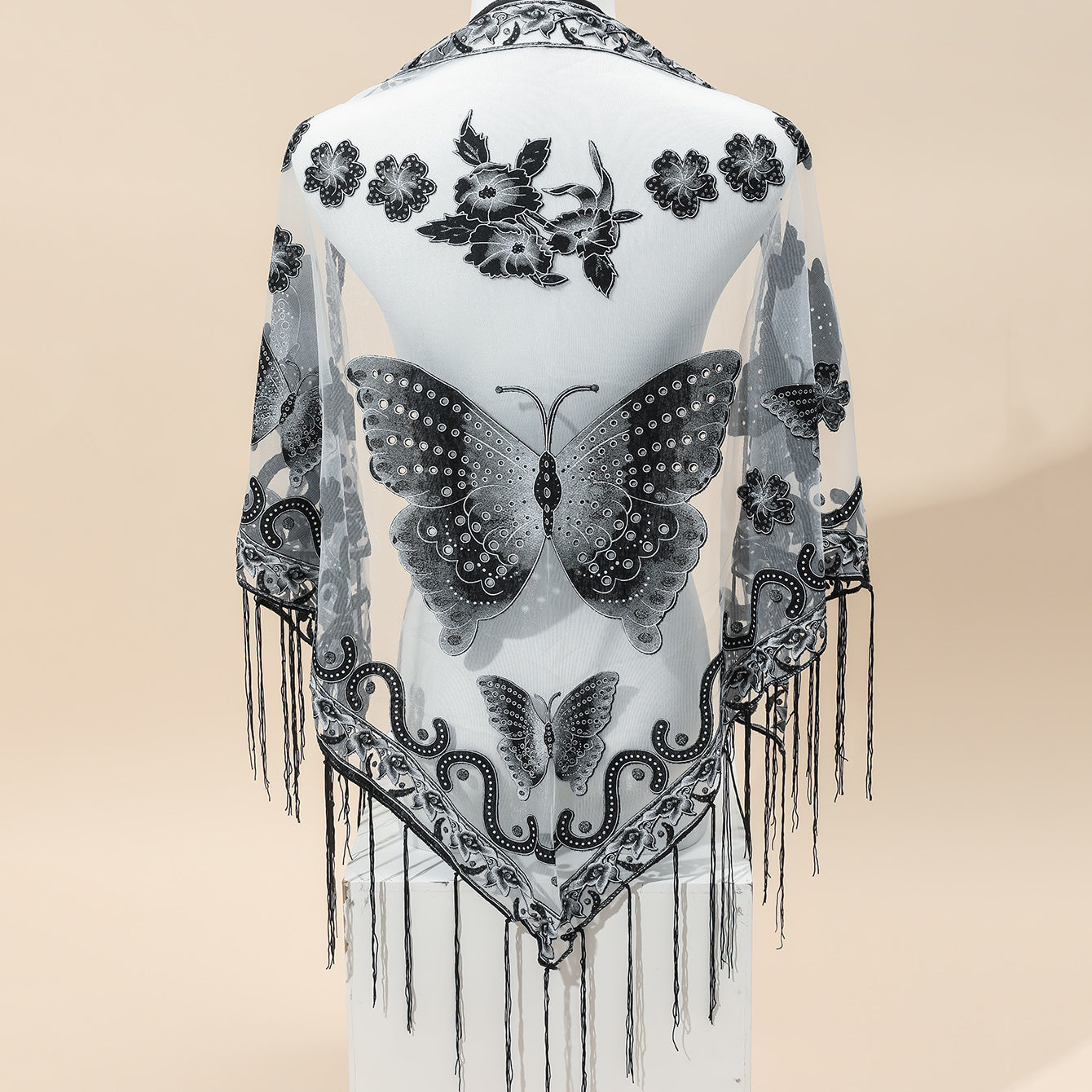 Breathable Embroidered Triangle Scarf 29.5 in x 55.1 in (75 x 140 cm) Lace Tassel Shawl Wrap