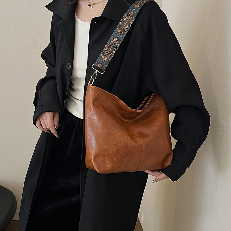 DISSEFA-TECH Women's Bucket Bag with Wide Floral Strap — Small Crossbody Shoulder Bag with Zipper & Polyester Lining, Removable Strap, Brown/Black