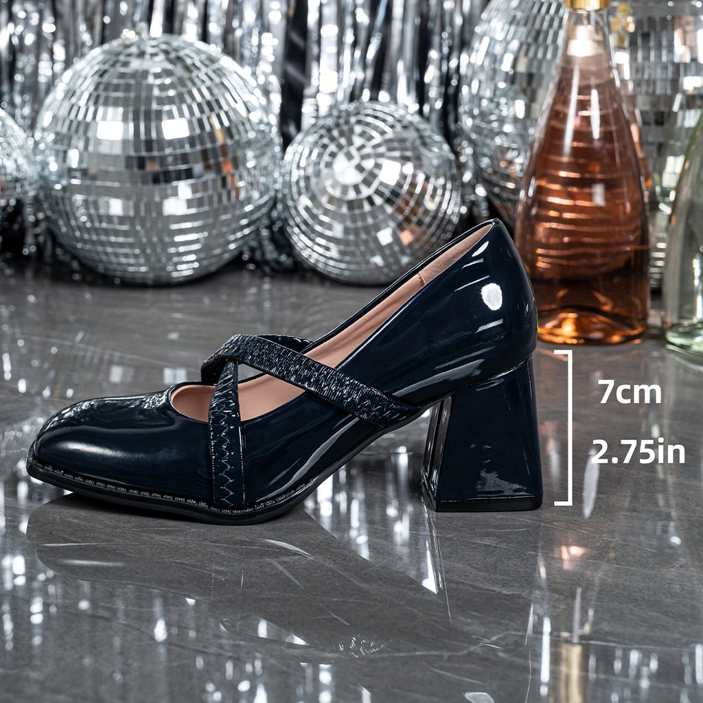 Black Square Toe Chunky Heel Pumps for Women | Slip-Resistant Block Heels with Decorative Straps & Buckles