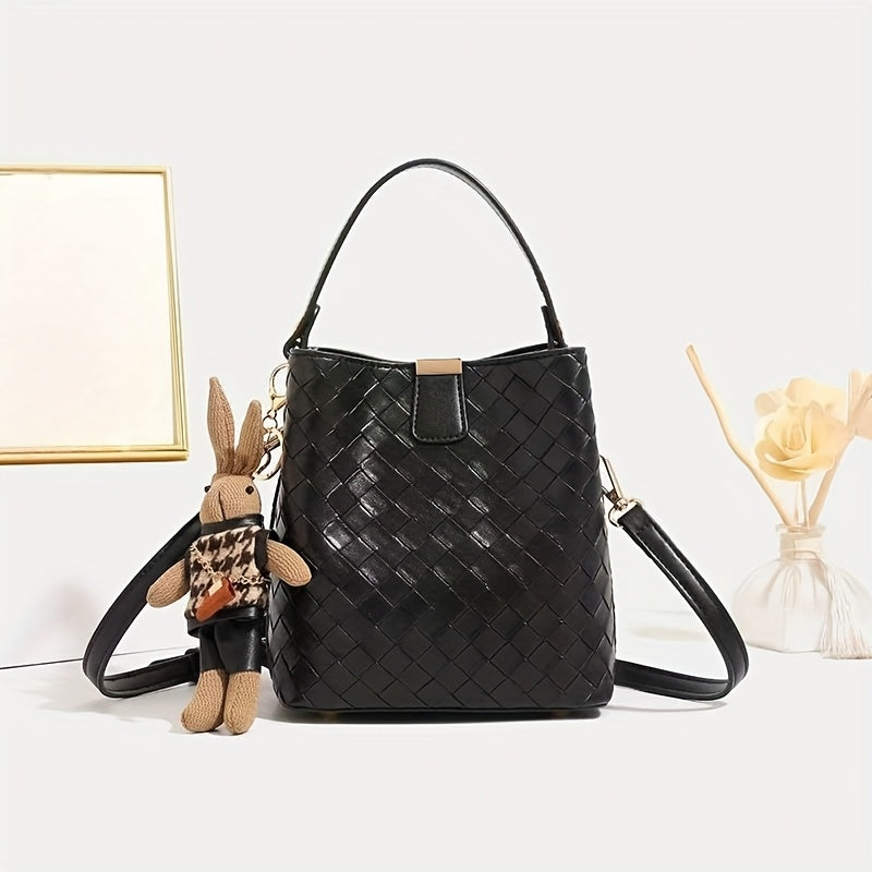 Women's Woven Faux Leather Bucket Handbag - Black Crossbody Shoulder Bag with Golden Hardware, Magnetic Closure, Adjustable Detachable Strap