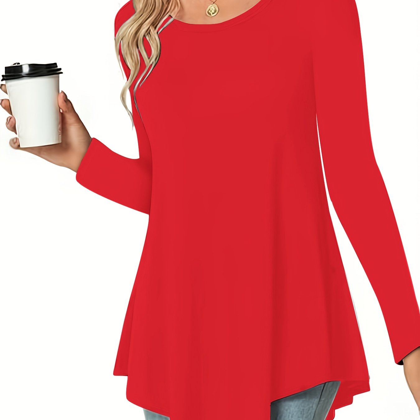 Women's Long Sleeve Peplum Top - Relaxed Fit Crew Neck Casual Blouse for Spring, Summer & Fall