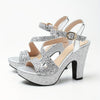 Metallic Block Heel Ankle-Strap Sandals for Women Open Round Toe Hollow Design Ultra-High Thick Heels for Party and Nightclub