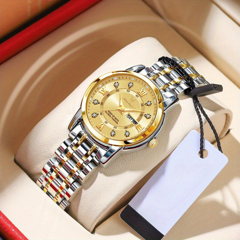 POEDAGAR Women's Elegant Mechanical Watch - Round Dial, Gold-Tone Hands, Stainless Steel Bracelet, Dual Day & Month Display, Jewelry-Style Wristwatch for Everyday & Formal Wear