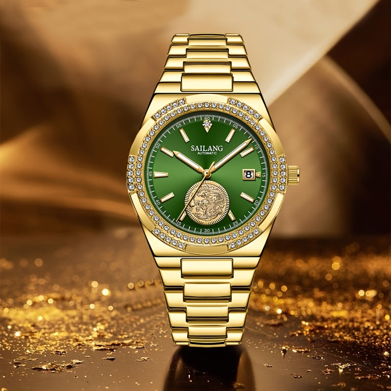 SAILANG Automatic Mechanical Unisex Watch – Green Luminous Dial, Gold-Tone Rhinestone-Embellished Case, Alloy Band, Date Display