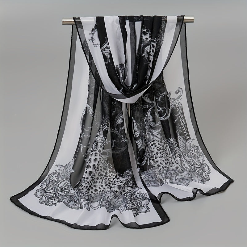 Vintage Magpie Print Long Imitation Silk Chiffon Scarf, Lightweight Shawl Wrap