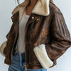 Women's Faux Leather Jacket with Fluffy Collar, Long Zip-Up Coat with Pockets — Brown All-Season Casual Chic