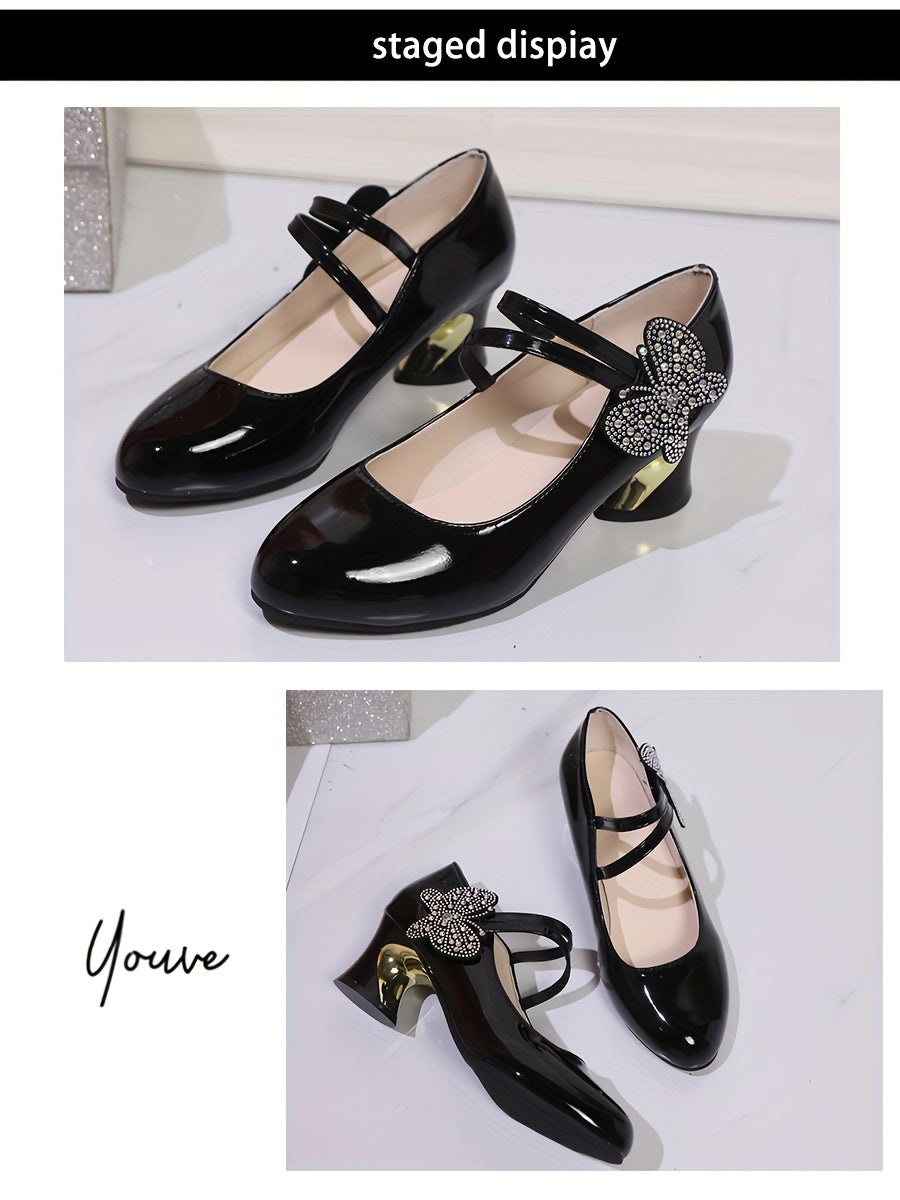 Women's Red Mary Jane Heels with Sparkling Bow & Rhinestone Accent — Chunky Block Heel, Round Toe, Synthetic Upper & Rubber Sole