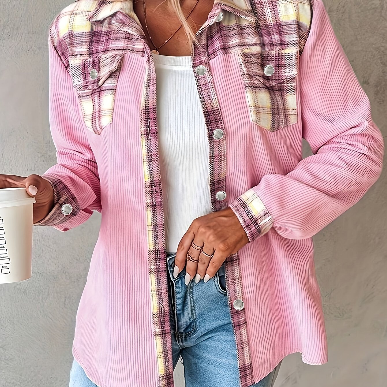 Women's Pink & Black Plaid Long Sleeve Button Shirt - Square Neck, 100% Polyester, Machine Washable