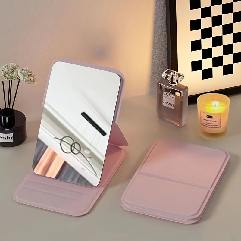 Compact Foldable Travel Makeup Mirror - Glass Surface Leather Frame Portable Mini Desk Mirror No Battery