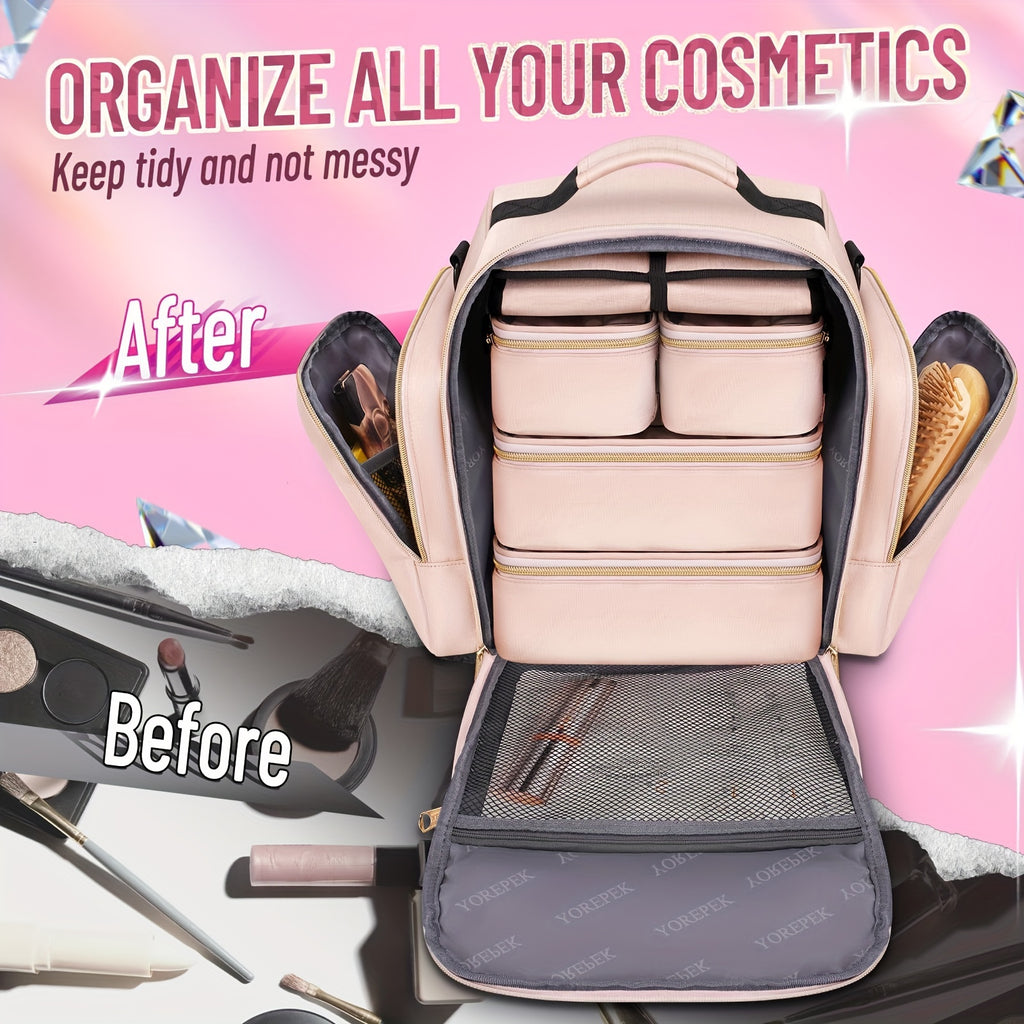 Large Travel Makeup Organizer Bag - 4 Removable Cases & Jewelry Roll, 13 in (33 cm) Pink Cosmetic Toiletry Case with Multiple Pockets