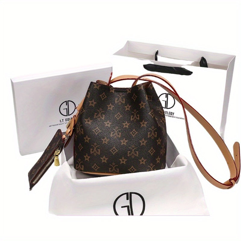 Women's Convertible Bucket Bag – Split Leather Crossbody Handbag with Adjustable Strap, Buckle Closure, Coffee Brown & Beige