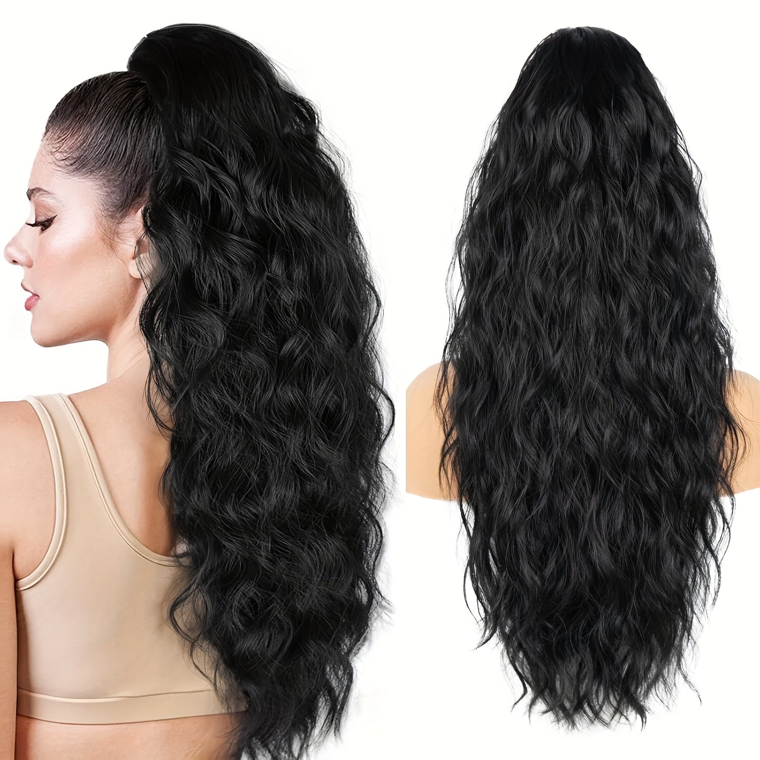 Women's Water Wave Clip-In Ponytail Extension — Long Afro Curly Fluffy Drawstring & Clip-On Synthetic Hair for Volume & Length