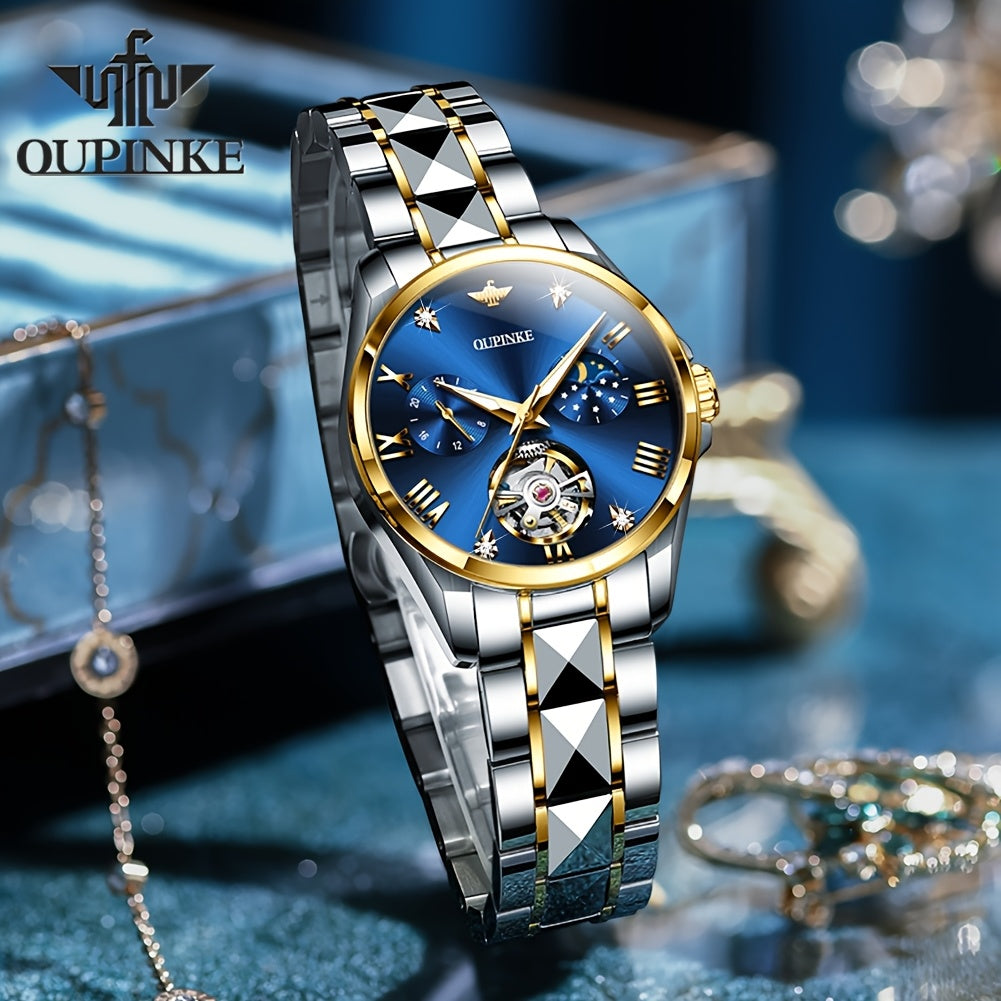 OUPINKE Women's Automatic Mechanical Dress Watch – Luminous Hands, Blue Dial with Gold Markers, Stainless Steel Case & Bracelet