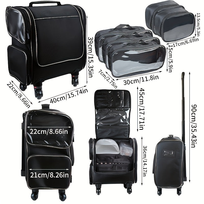 Rolling Cosmetic Case with 360° Wheels — Multi-Compartment Nylon Travel Makeup Organizer