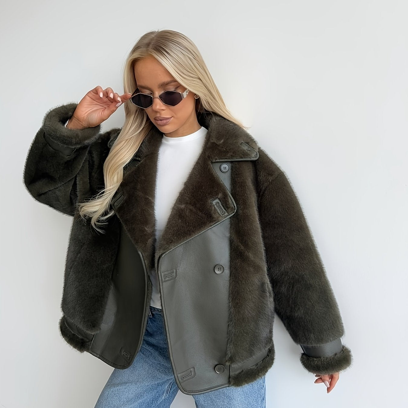 AFTF BASIC Women's Long Faux Mink Fur Jacket, Asymmetrical Hem Motorcycle Coat with Turnover Collar and Faux Fur Lining