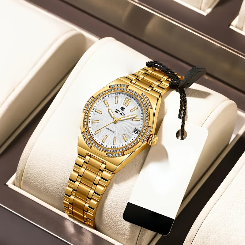 Automatic Mechanical Women's Watch — Rhinestone Dial, Calendar, Luminous Hands, Battery-Free, Stainless Steel Band