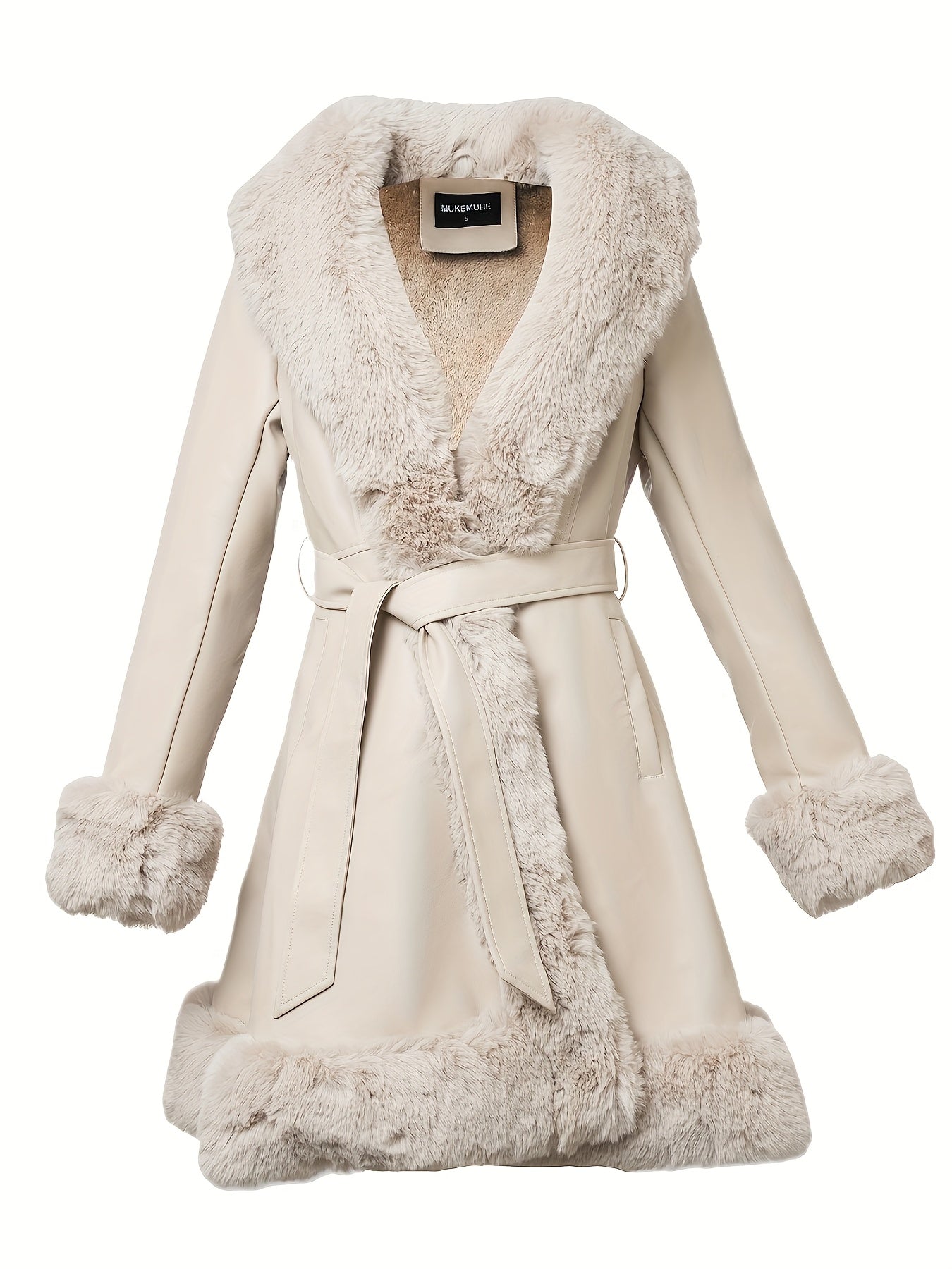 Women's Midi Faux Fur-Lined Faux Leather Belted Coat, Elegant Winter Long Sleeve Jacket