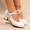 Women's Red Mary Jane Heels with Sparkling Bow & Rhinestone Accent — Chunky Block Heel, Round Toe, Synthetic Upper & Rubber Sole
