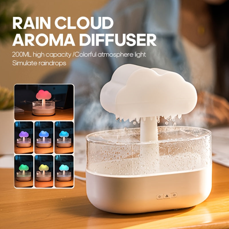 Raindrop Aroma Diffuser with Colorful LED Night Light – USB Rain Cloud Humidifier & Essential Oil Diffuser for Desktop (10–20 m² / 107–215 ft²)