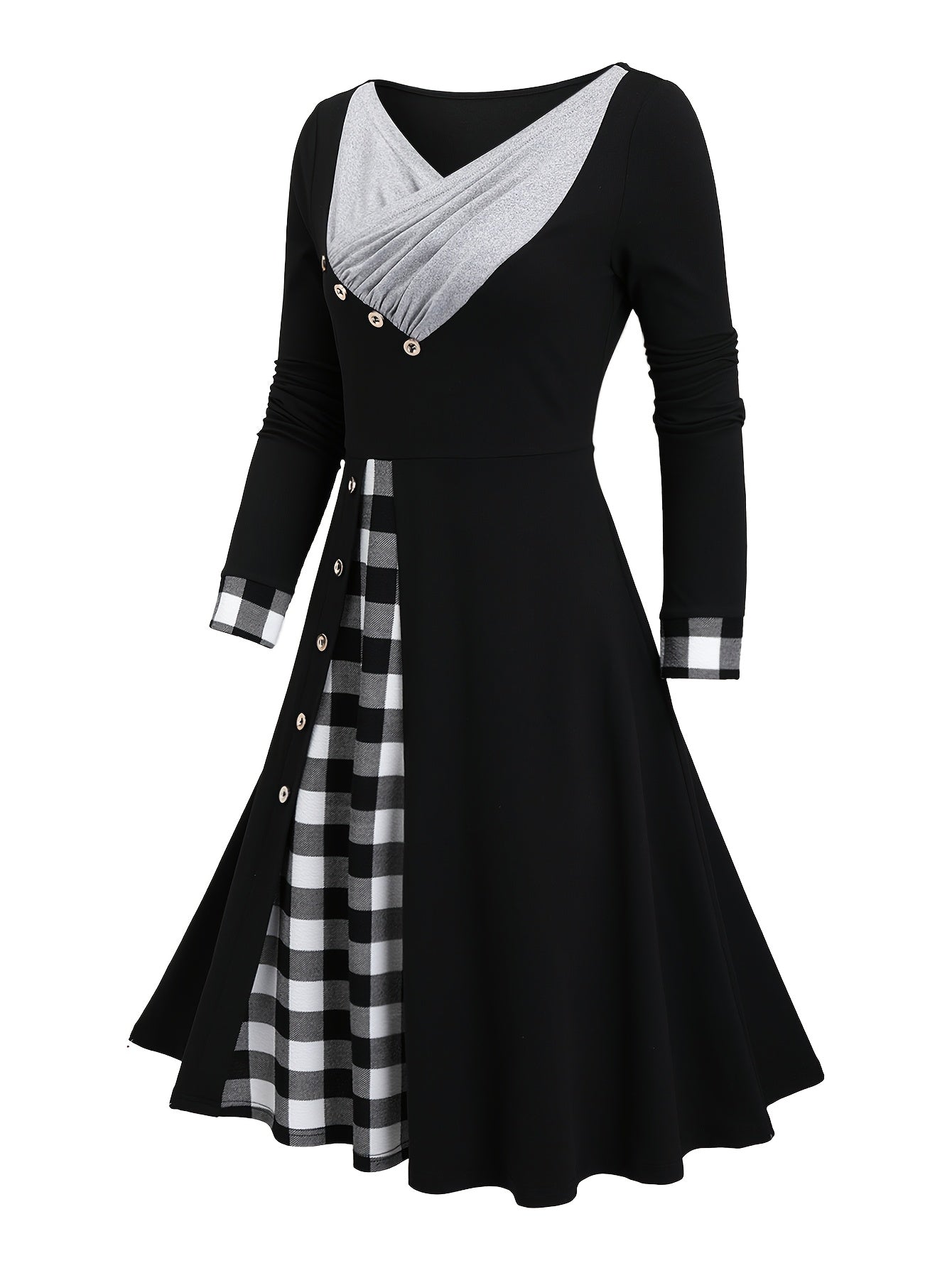 Women's Vintage V-Neck Midi Dress – Plaid Color Block Knit A-Line Pendulum, Polyester-Spandex, Regular Sleeves for Fall/Winter