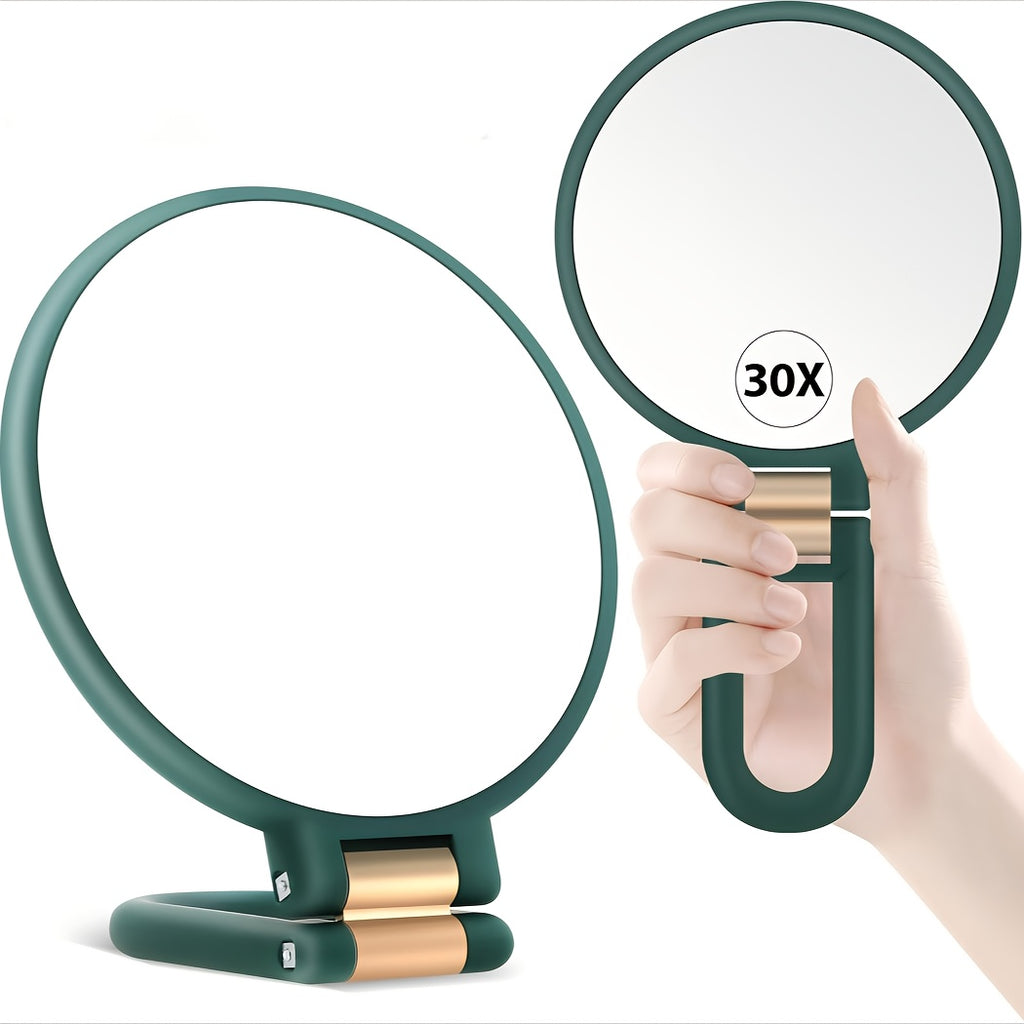 30X/1X Dual-Sided Magnifying Makeup Mirror, 360° Adjustable Stand, Portable Travel Mirror, Green Frame White Oval