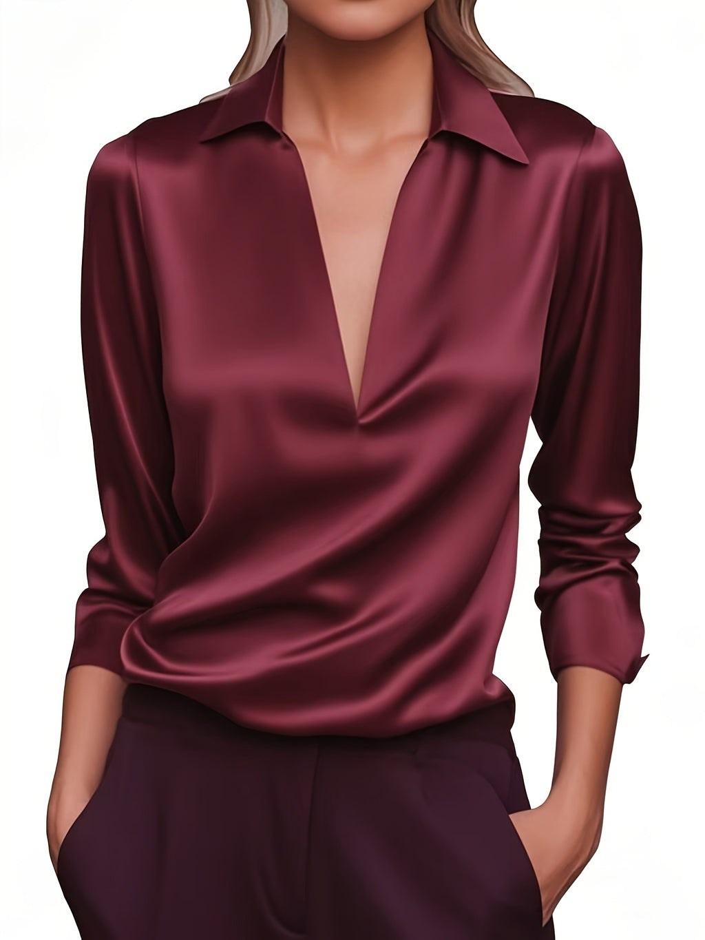 Silvery Satin V-Neck Blouse for Women, Long Sleeve Button-Front Satin Shirt, Elegant Smooth Finish
