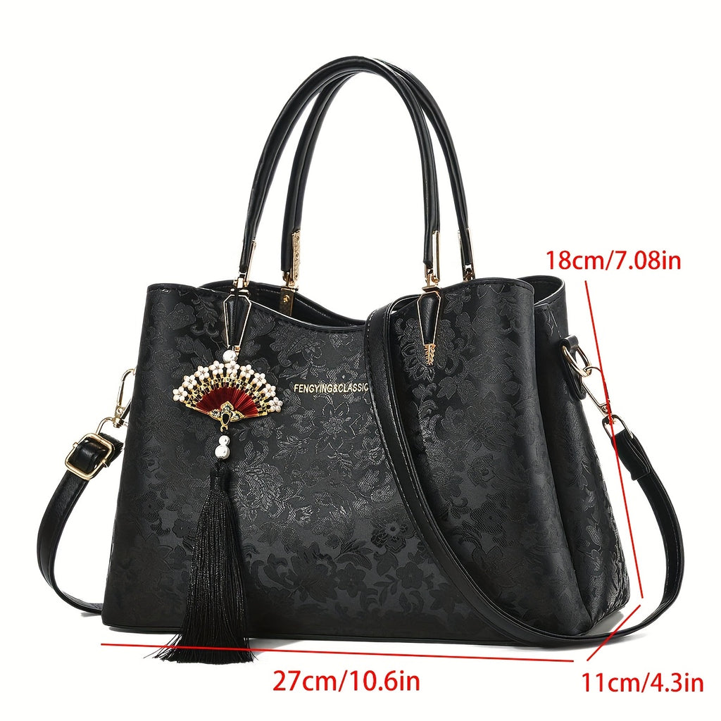 FKTSR Women's Quilted Floral Convertible Handbag with Tassel - Faux Leather Shoulder Bag & Clutch, Magnetic Closure, Removable Strap - Olive Green, Black, Beige