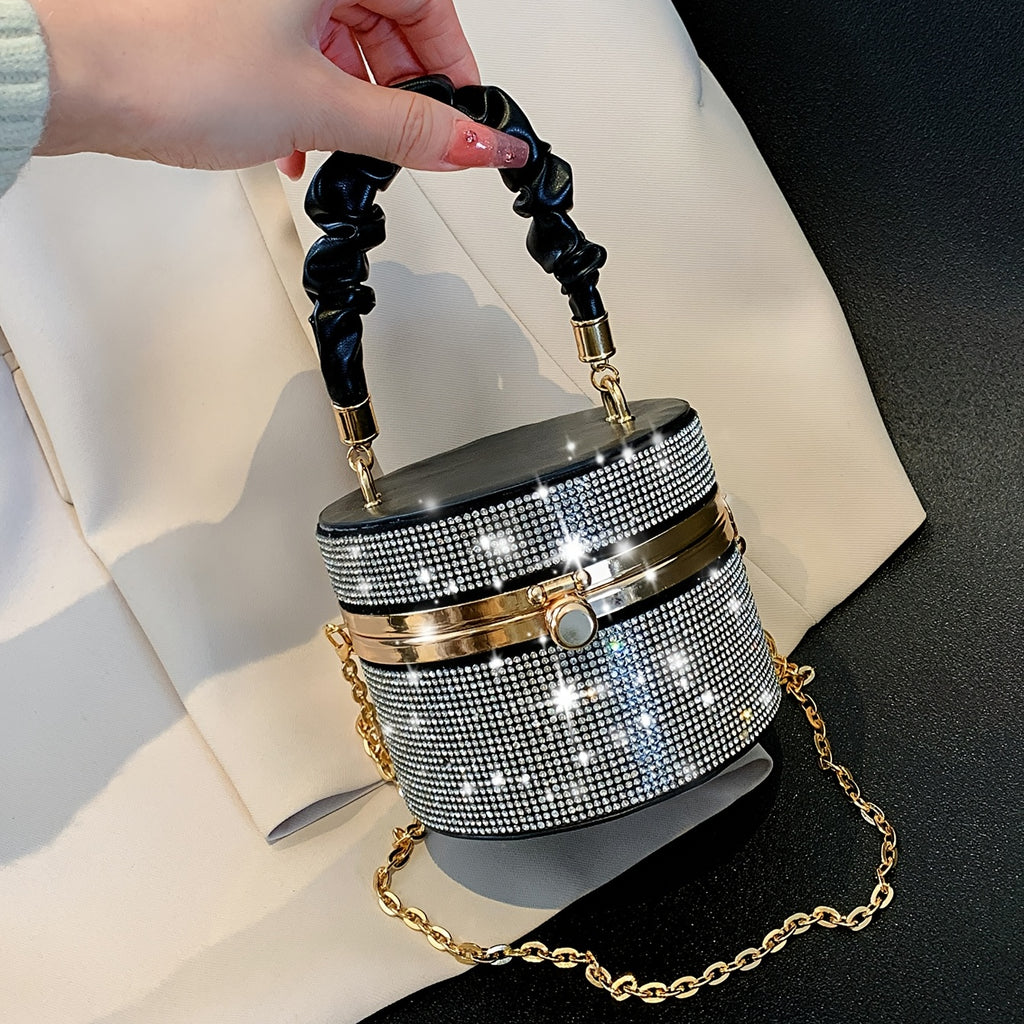 Mini Rhinestone Bucket Bag – Ruched Chain Shoulder Evening Purse, 3.9 x 4.7 x 4.7 in (10 x 12 x 12 cm)