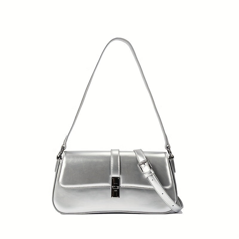 Women's Baguette Bag – Chic Detachable-Strap Crossbody Purse with Gold-Tone Clasp, Split Leather (Black, Burgundy, Silvery Grey, Coffee)