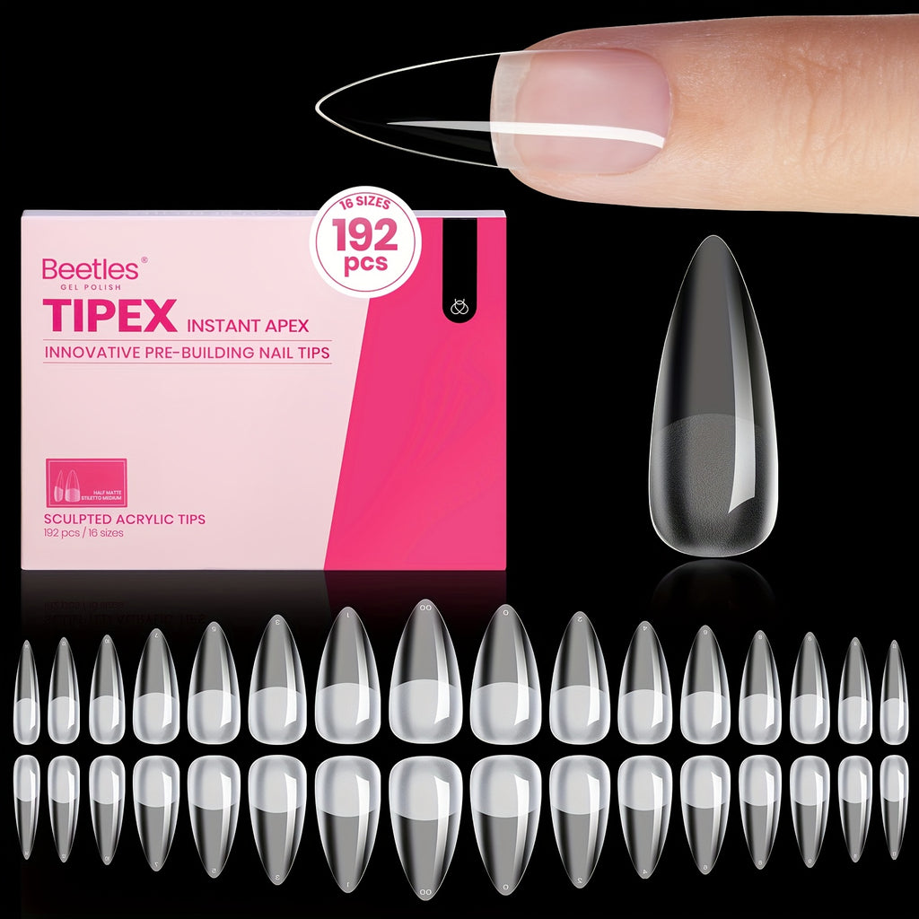192pcs Beetles Tipex Instant Apex Pre-Built Gel Nail Tips 16 Sizes Clear Almond Matte Full-Cover Durable Easy-Apply