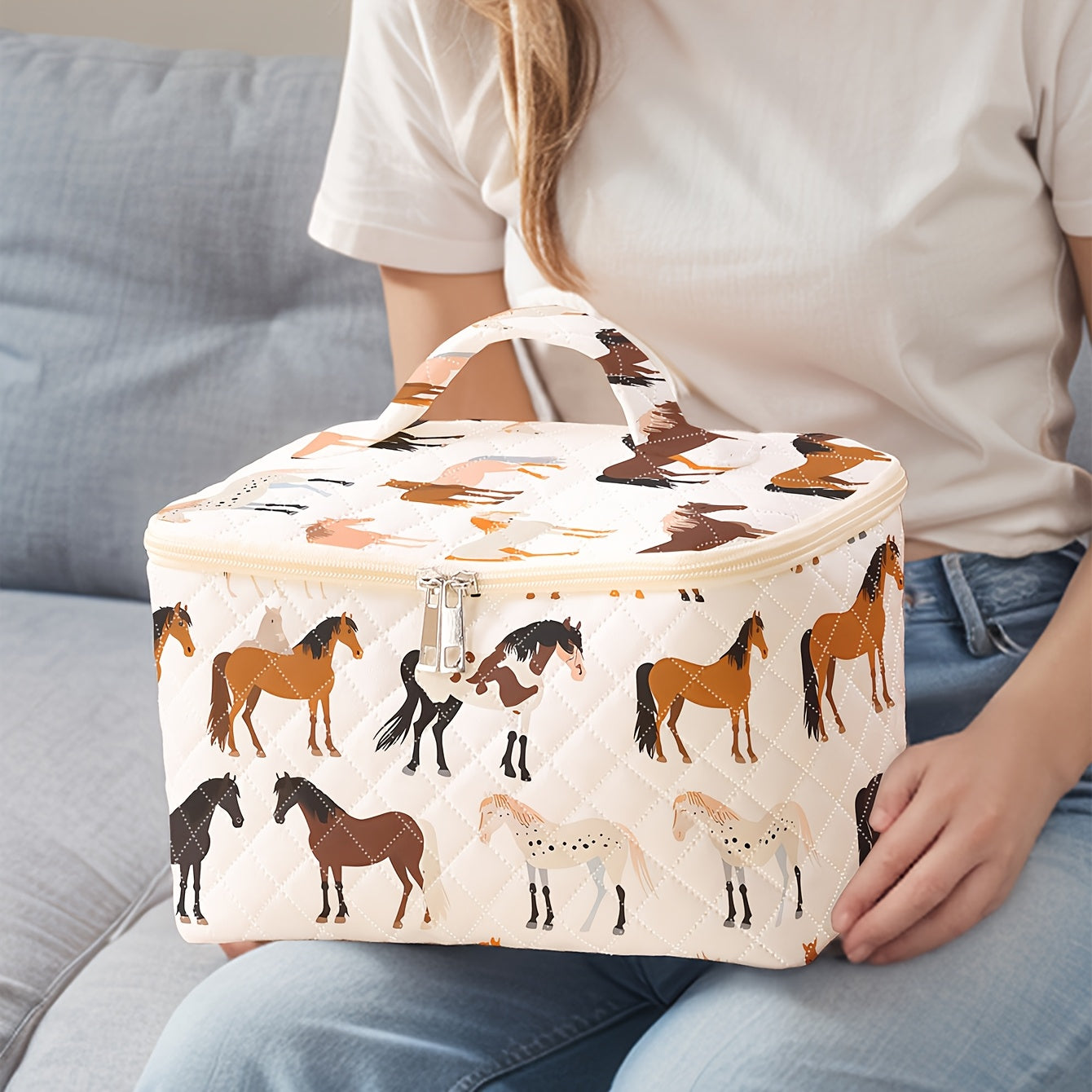 Horse Print Makeup Bag - Travel Cosmetic Case Organizer for Brushes & Toiletries, Durable Polyester, Zip Closure, Multi-Compartment