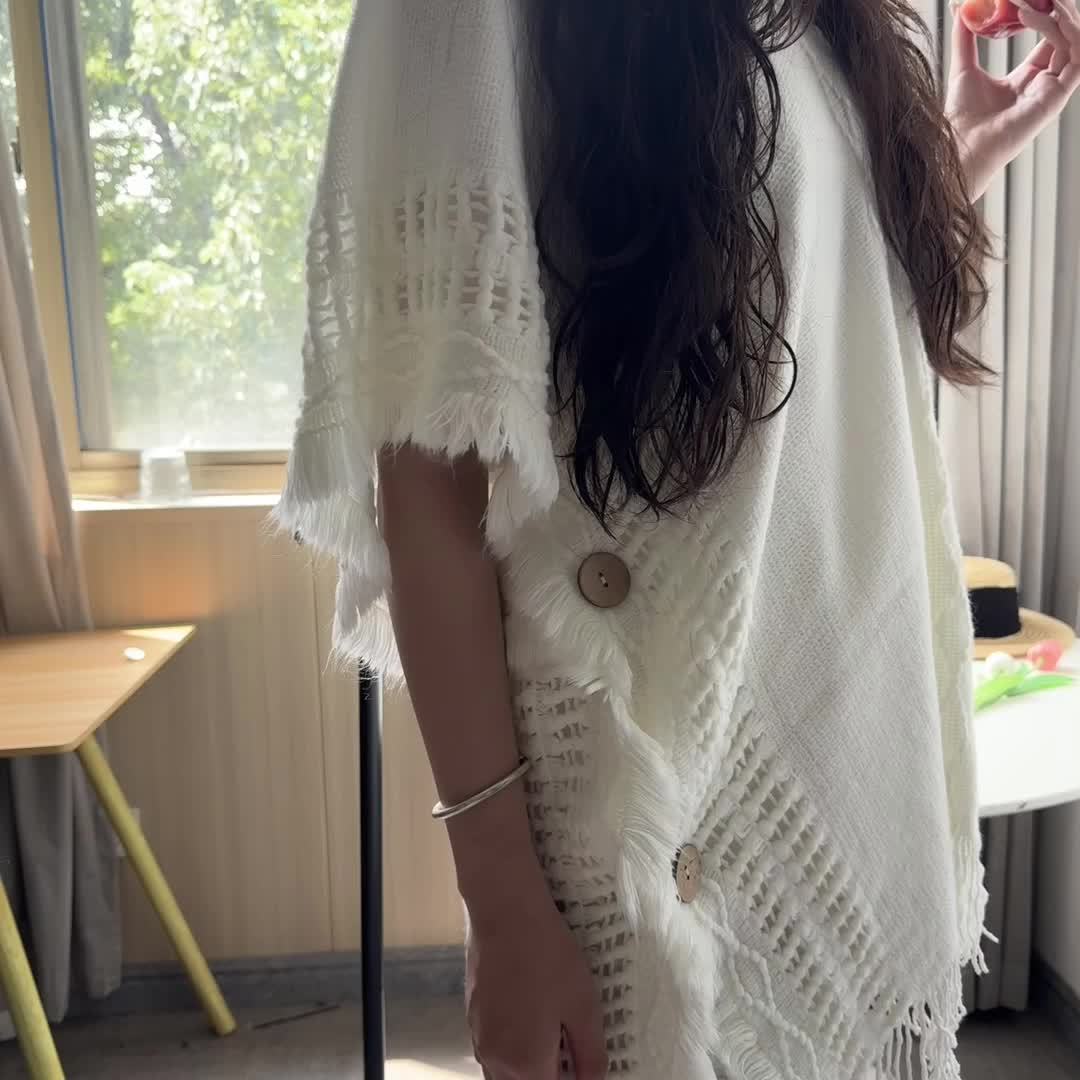White Boho Fringe Shawl for Women – Lightweight Polyester Wrap, Breathable Sun-Proof Cover-Up for Spring & Autumn