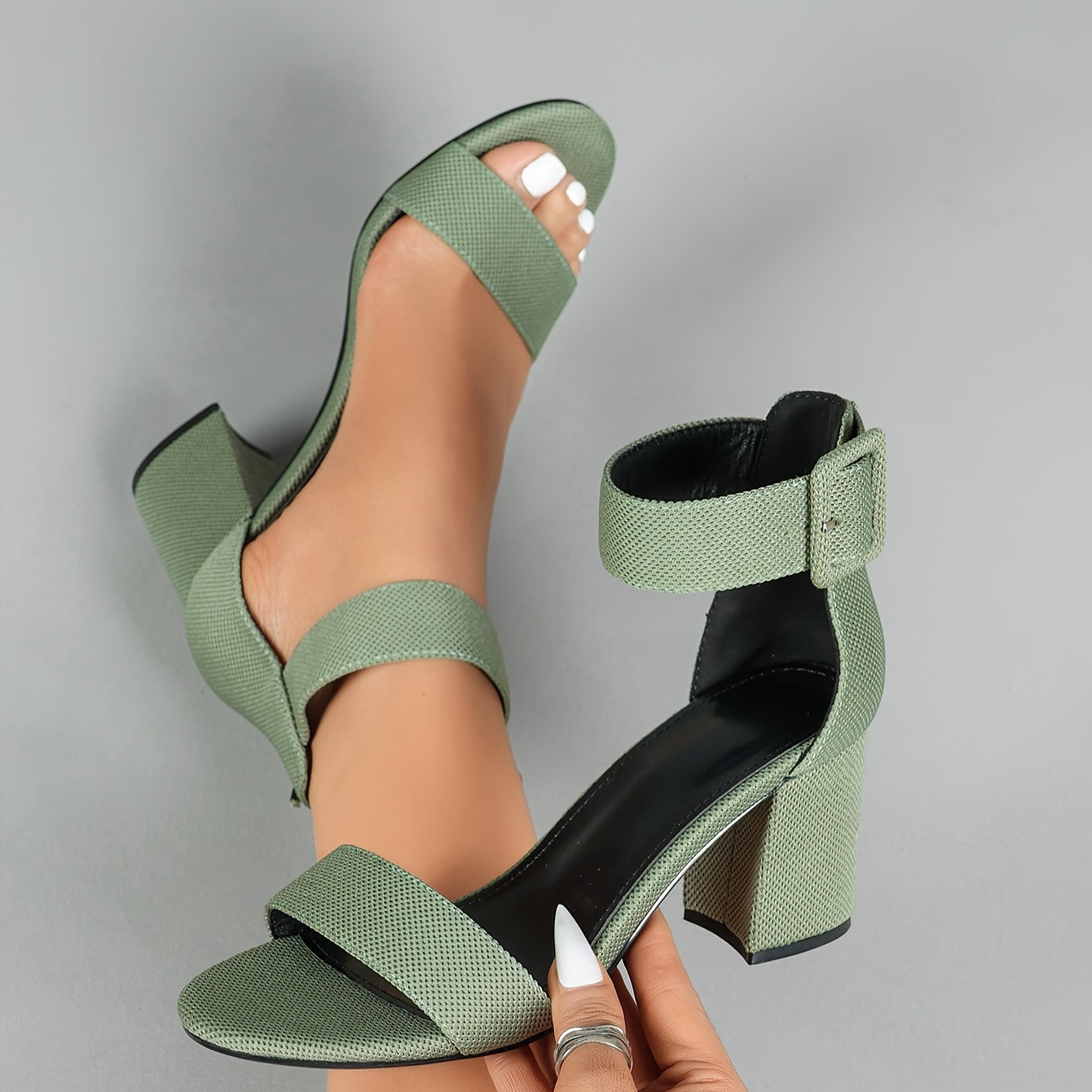 Lightweight Breathable Women's Knit Heeled Sandals - Minimalist Open Toe Block Heel with Adjustable Ankle Strap, 11 Colors