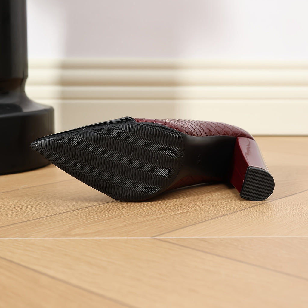 Women's Pointed-Toe Chunky Platform Heels 3.74 in (9.5 cm), Glossy Green Black Maroon Red, Non-Slip Rubber Sole Comfortable Block Heel Dress Shoes for Office & Parties