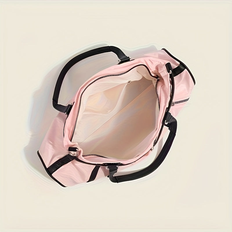 Retro Grunge Shoulder Bag for Women - Detachable Strap, Zipper Nylon Baguette Purse in Bright Pink/Black with Oil-Tanned Trim & Metallic Hardware