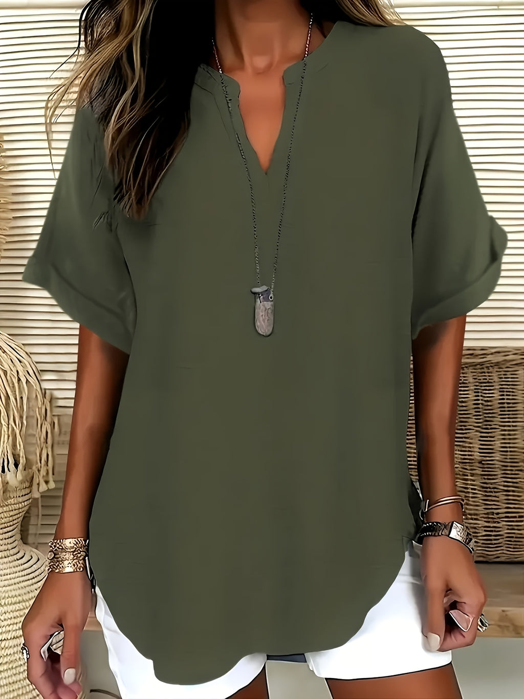 Plus Size V-Neck Blouse - Women's Short Sleeve Loose Batwing Top with Flared Hem, Stretchy Casual Shirt