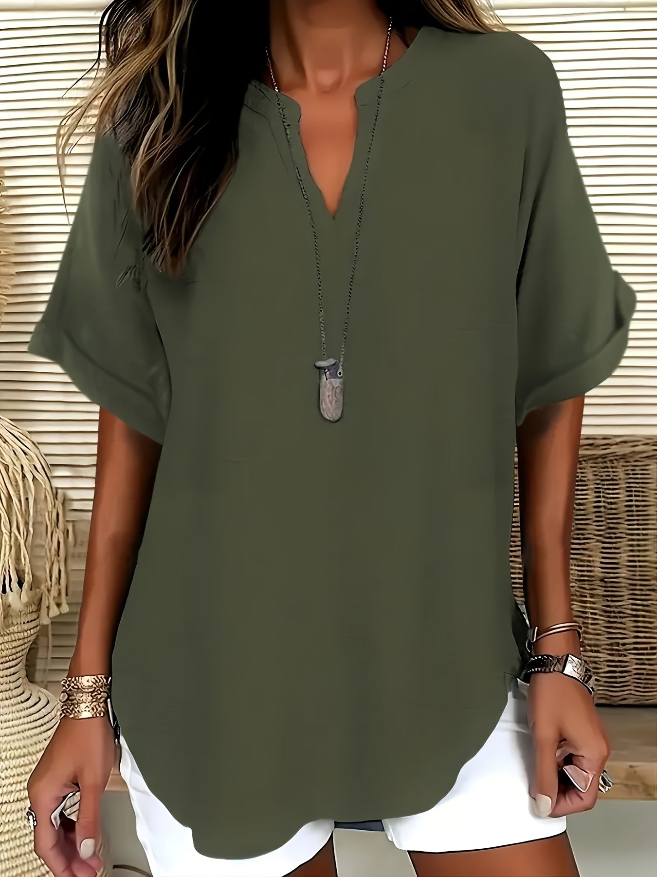 Plus Size V-Neck Blouse - Women's Short Sleeve Loose Batwing Top with Flared Hem, Stretchy Casual Shirt