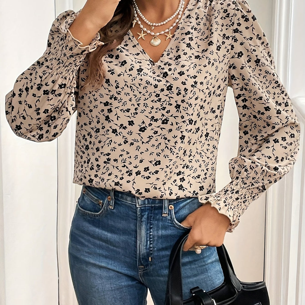Women's Elegant V-Neck Long Sleeve Floral Blouse – All-Season Relaxed Fit Non-See-Through Top